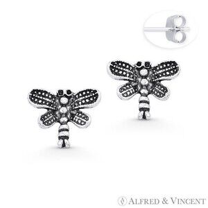 Dragonfly Animal Charm Stud Earrings in Oxidized .925 Sterling Silver